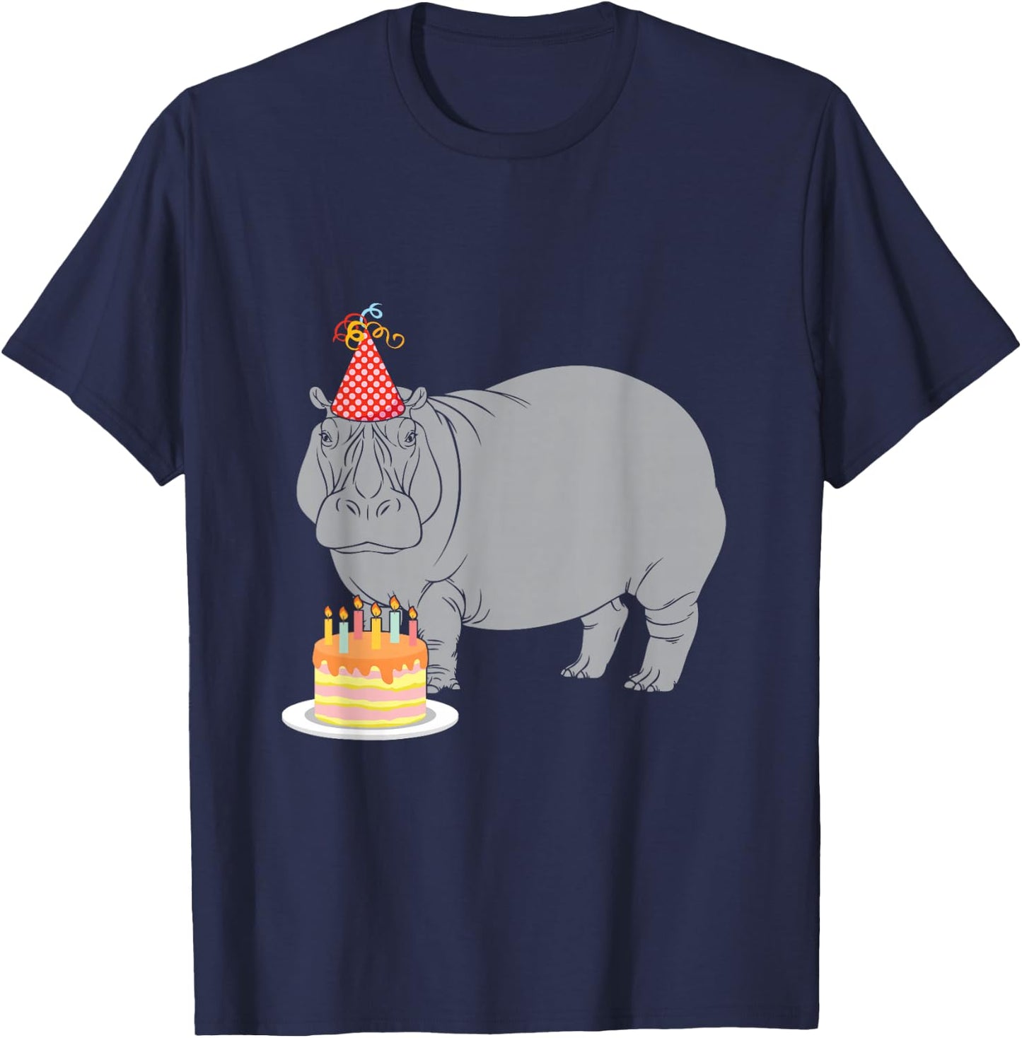 Happy Birthday Hippo Zoo Animal Lover Party Hat Cake Candles T-Shirt - T-Shirt | Navy