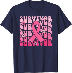 Groovy Pink Ribbon Breast Cancer Awareness Month Survivor T-Shirt - T-Shirt | Navy