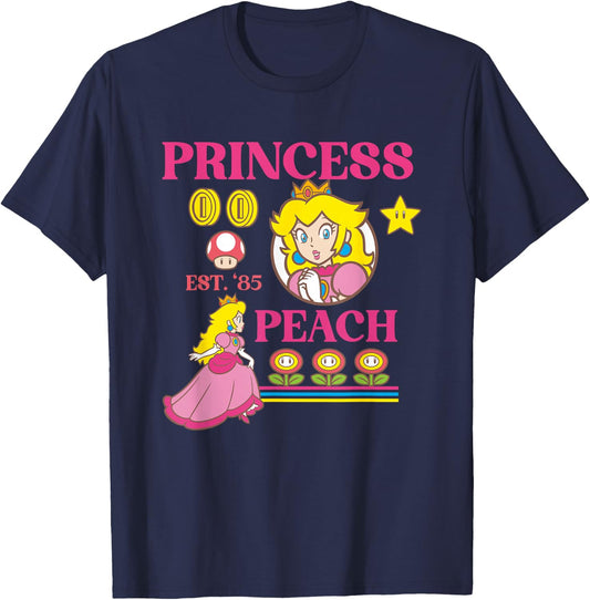 Super Mario Bros Fire Flower Princess Peach Power Up T-Shirt - T-Shirt | Navy