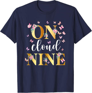 Butterfly 9 Year Old Birthday Shirt 9th Bday On Cloud Nine T-Shirt - T-Shirt | Navy
