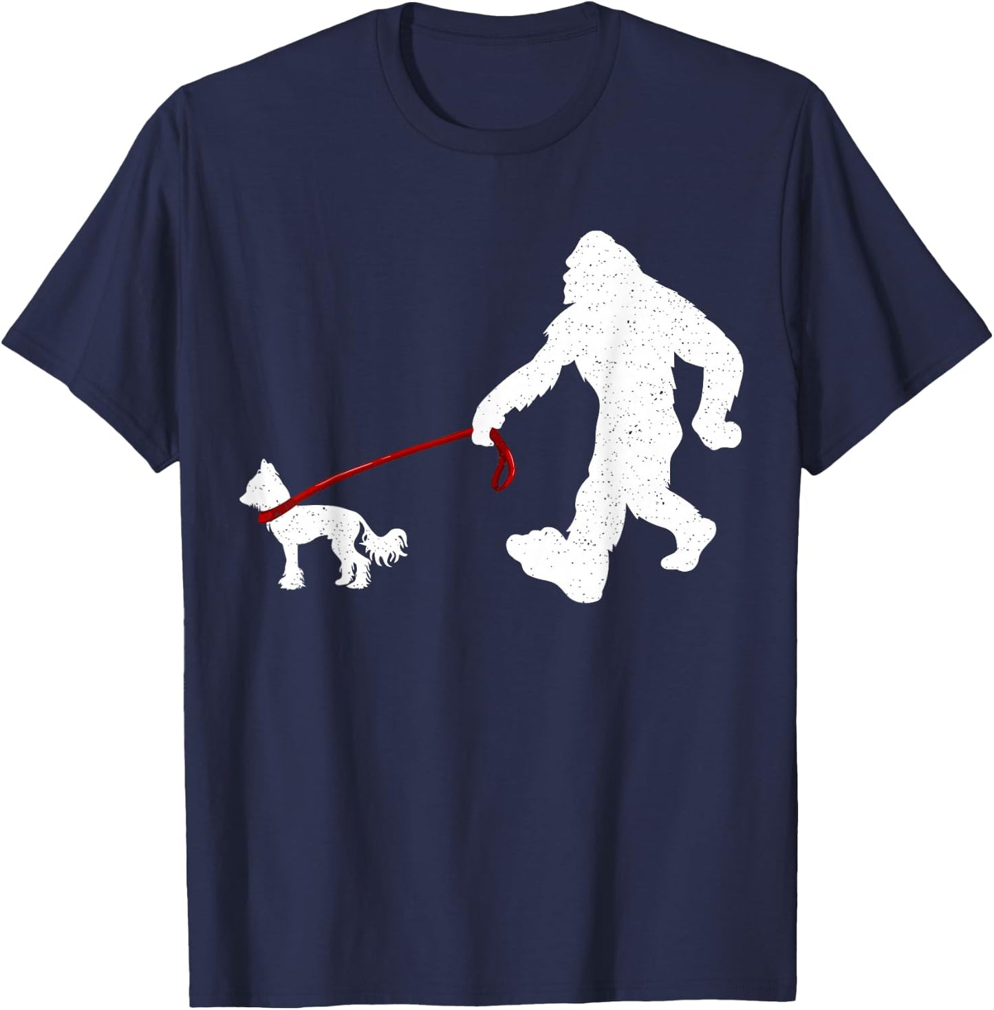 Funny Bigfoot Walking With Chinese Crested Dog Gifts T-Shirt - T-Shirt | Navy
