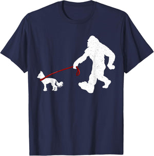 Funny Bigfoot Walking With Chinese Crested Dog Gifts T-Shirt - T-Shirt | Navy