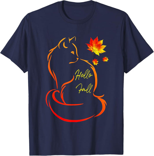 Hello Fall Cat Shirt Cat Autumn Leaves Kitten Lover Women Kids T-Shirt - T-Shirt | Navy