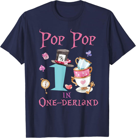 Pop Pop In Onderland 1st Birthday Girl Family Tea Party T-Shirt - T-Shirt | Navy