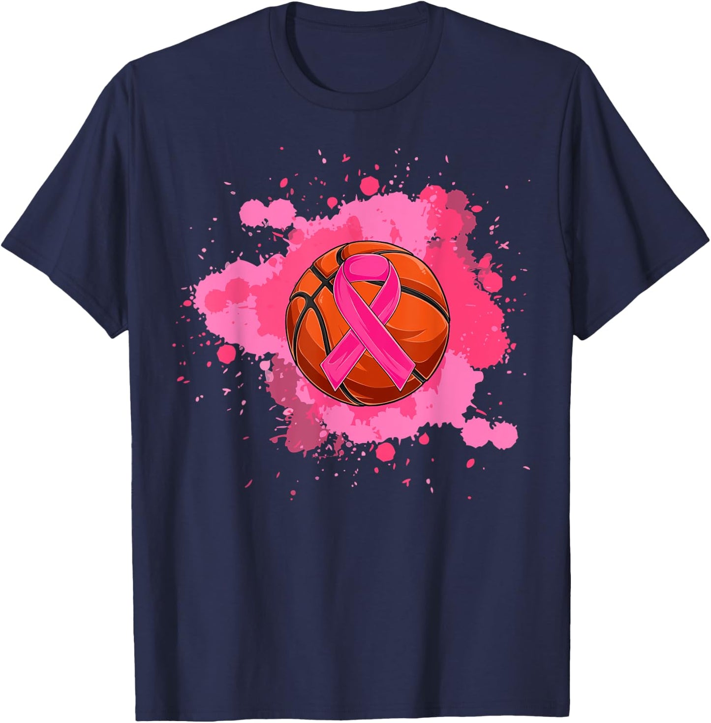 Pink Ribbon Basketball Breast Cancer Awareness T-Shirt - T-Shirt | Navy