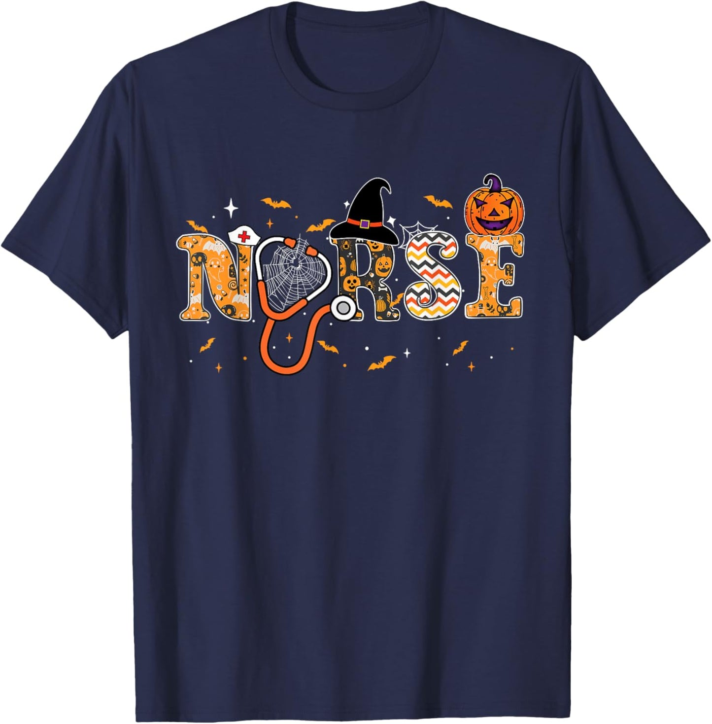 Nurse Halloween Costume Stethoscope Pumpkin Spooky Nurse T-Shirt - T-Shirt | Navy