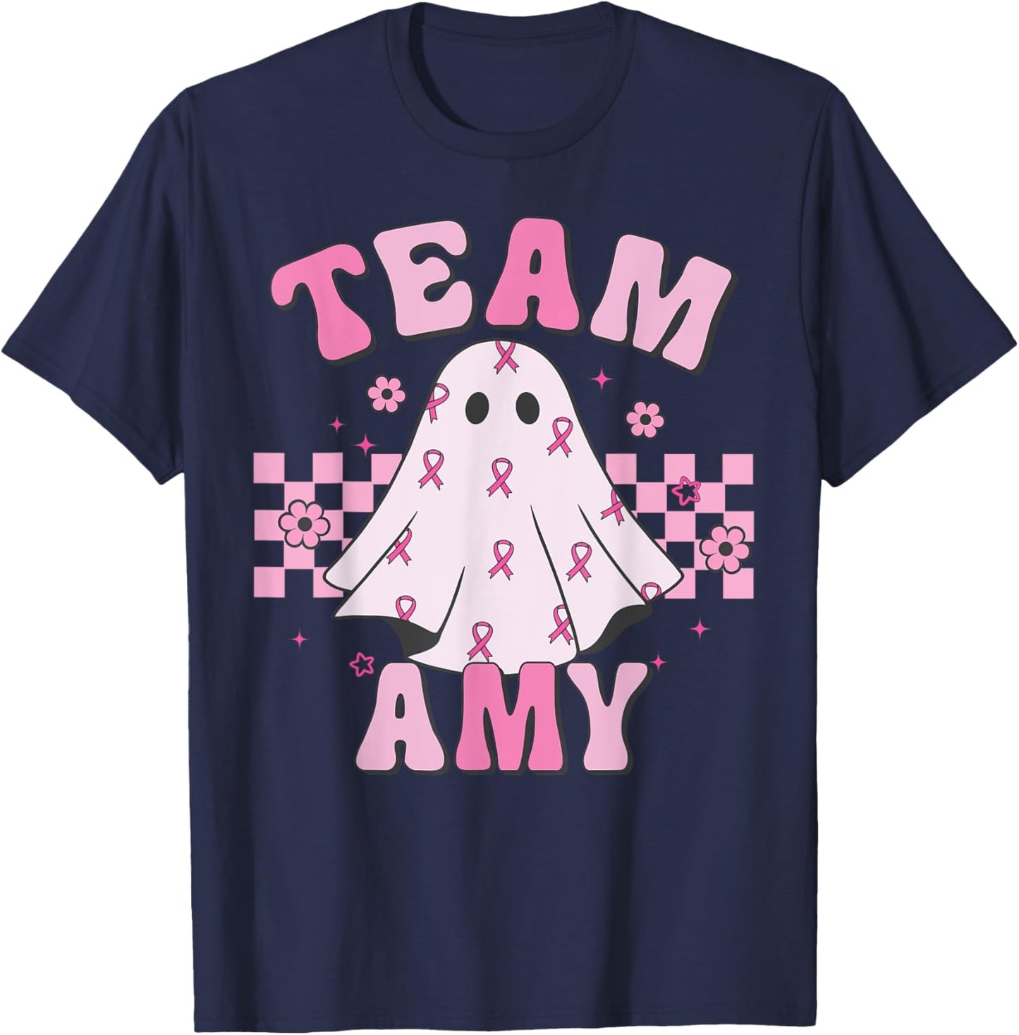 Team Amy, Breast Cancer Awareness Halloween Groovy Ghost T-Shirt - T-Shirt | Navy