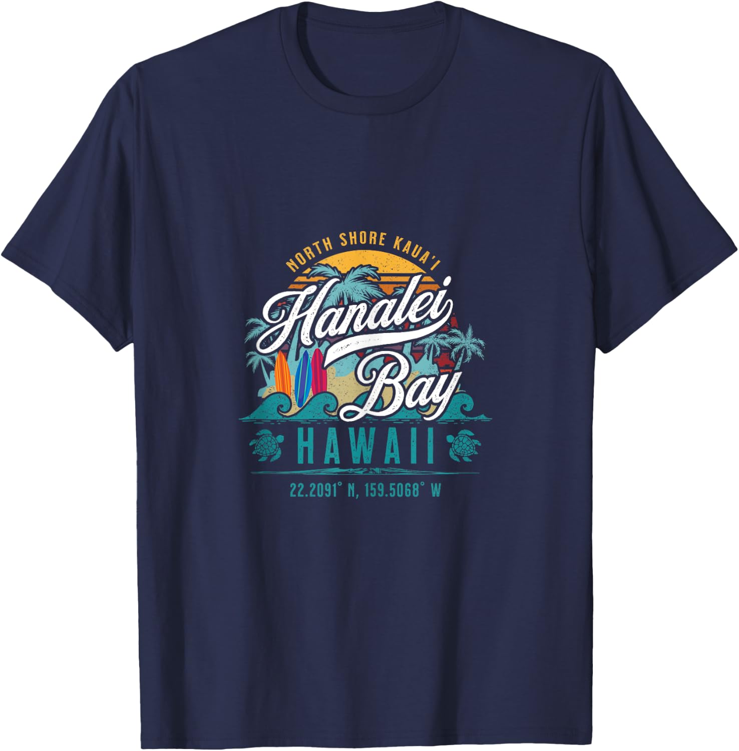 Hanalei Bay North Shore Kauai Hawaii Retro Sun Surf Fishing T-Shirt - T-Shirt | Navy