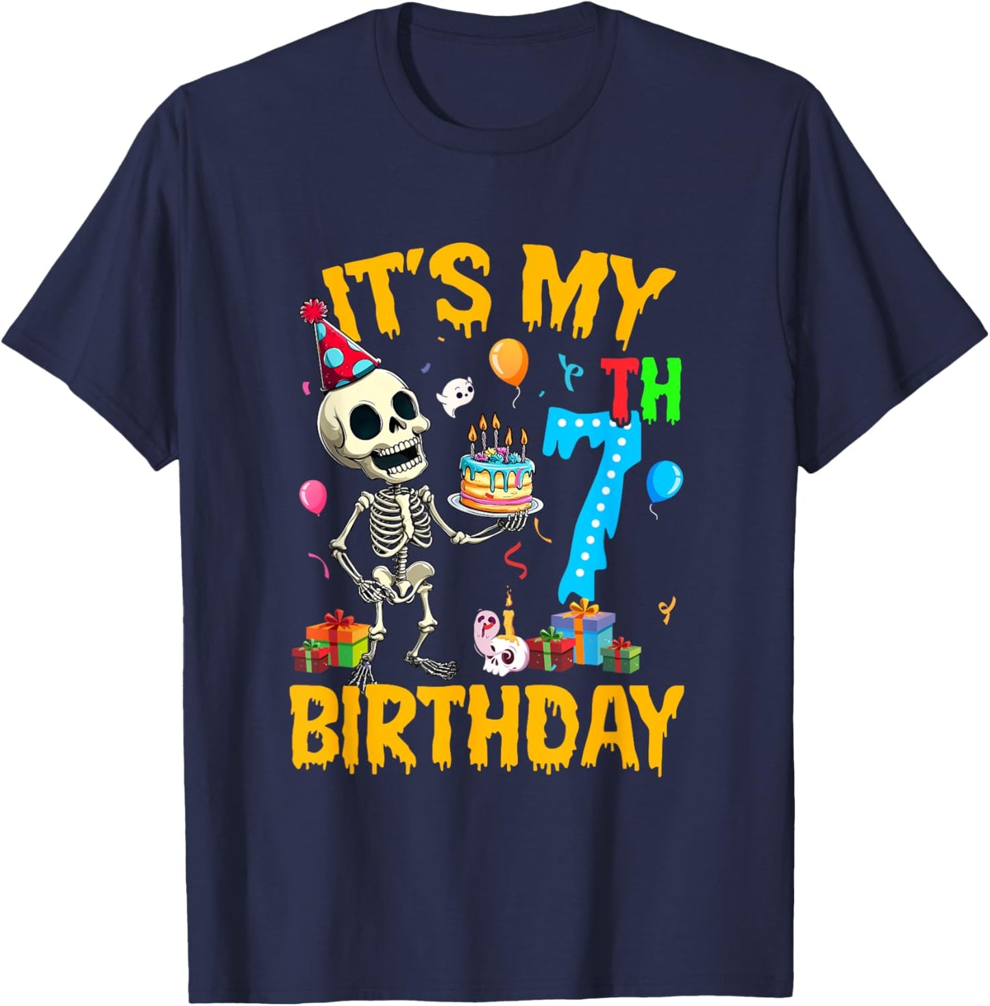 It's My 7Th Birthday Party Halloween Skeleton Birthday Kids T-Shirt - T-Shirt | Navy