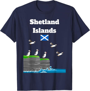 Shetland Islands Puffin Colony on Sea Cliffs Scottish trip T-Shirt - T-Shirt | Navy