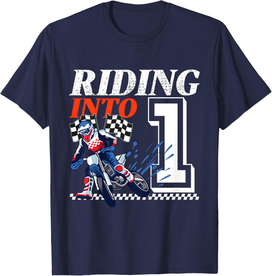 Kids Dirt Bike Riding into 1 Year Motocross 1st Birthday Party T-Shirt - T-Shirt | Navy