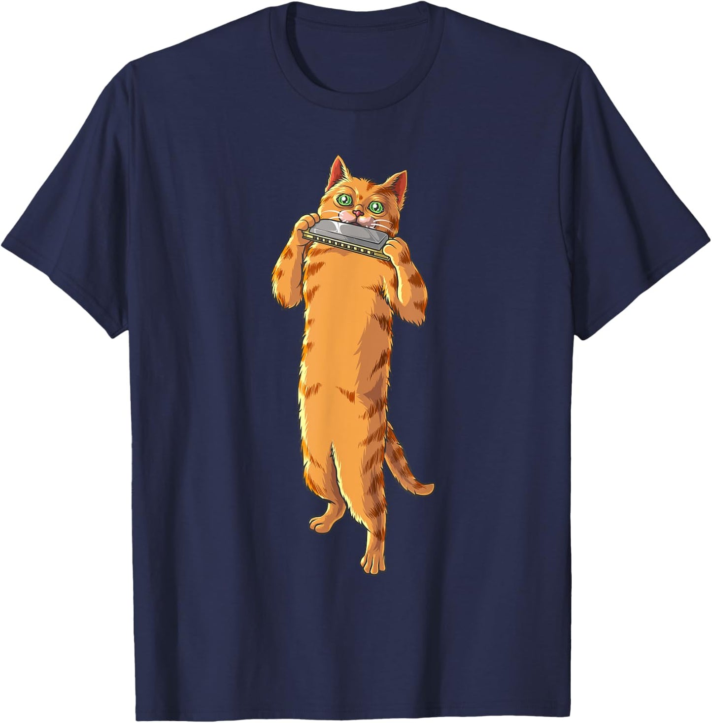 Funny Cat Playing Harmonica | Cool Love Animal Musician Gift Women Girls Kids T-Shirt - T-Shirt | Navy