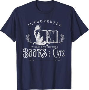 Introverted Willing to discuss Cats and Books T-Shirt - T-Shirt | Navy