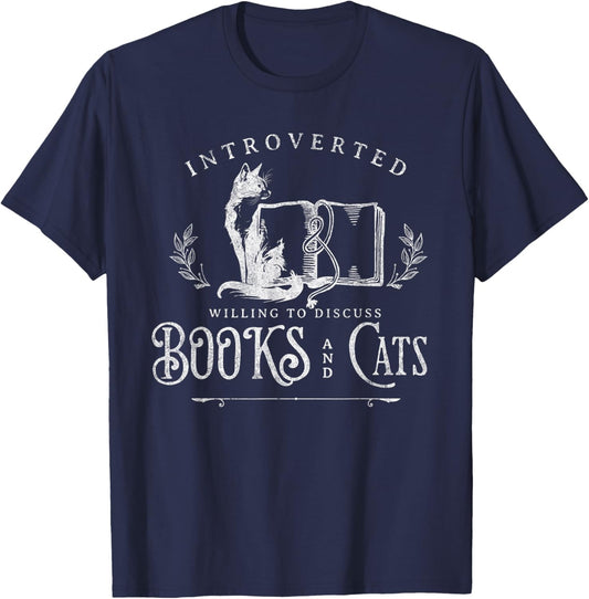 Introverted Willing to discuss Cats and Books T-Shirt - T-Shirt | Navy