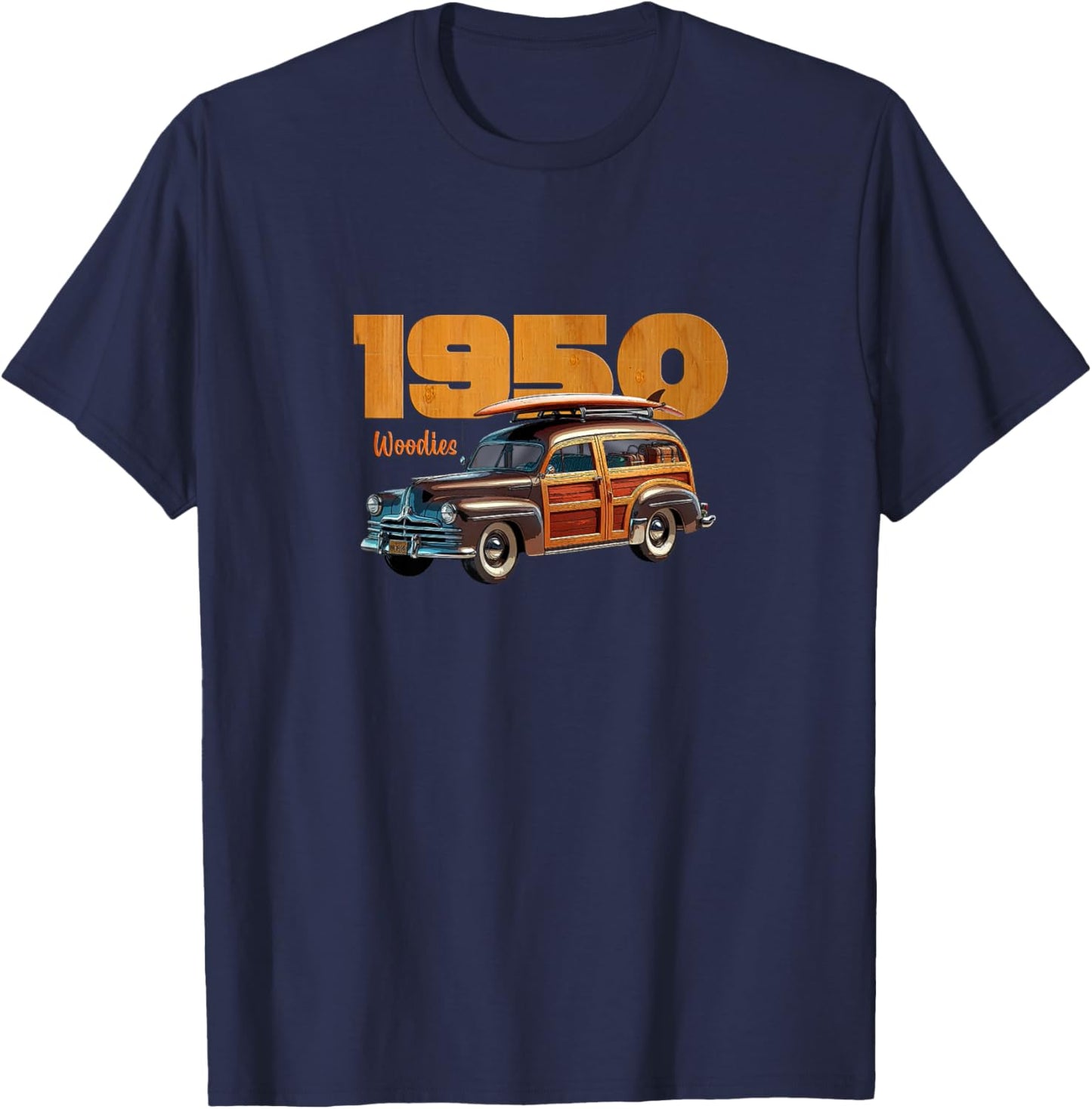Vintage 1950 Woody Station Wagon, Surfing, Classic Car Art T-Shirt - T-Shirt | Navy