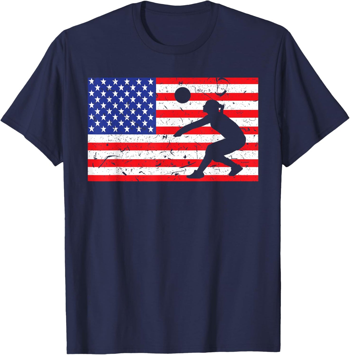 Distressed Volleyball USA American Flag Vintage Mine Player T-Shirt - T-Shirt | Navy