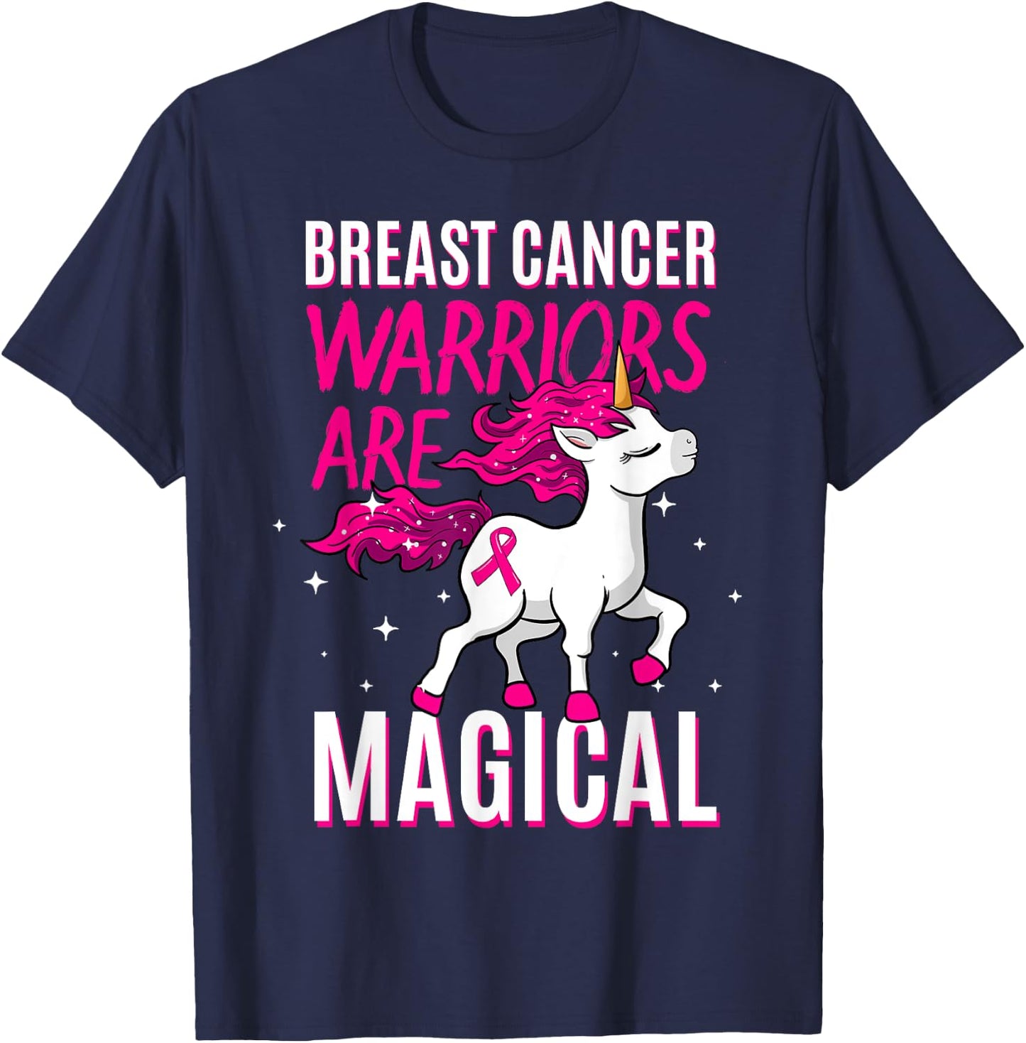Breast Cancer Warrior Magical Unicorn Pink Ribbon Mammogram T-Shirt - T-Shirt | Navy