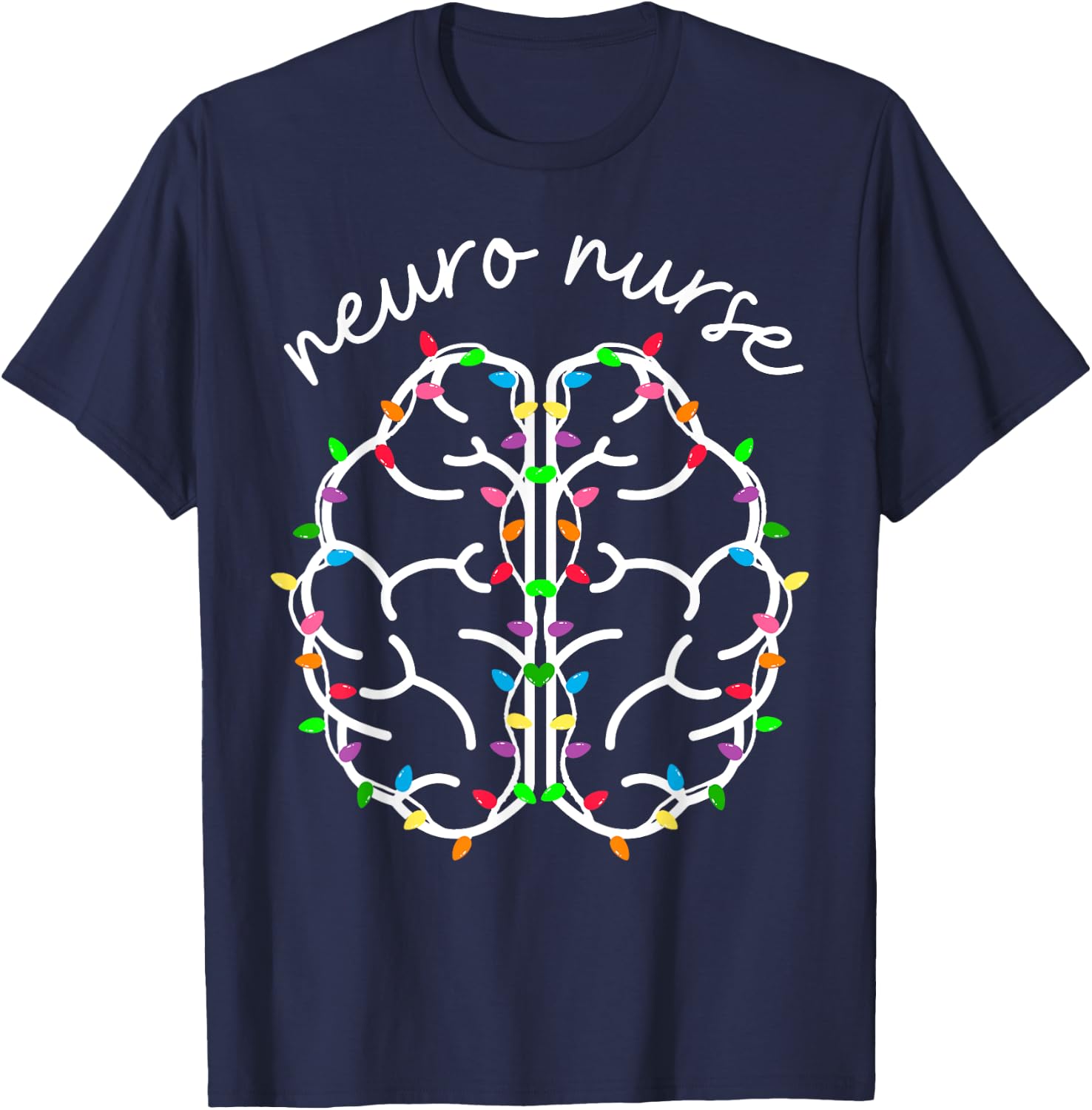 Neuro Crew Nurse Christmas Lights Brain Science Neuroscience T-Shirt - T-Shirt | Navy