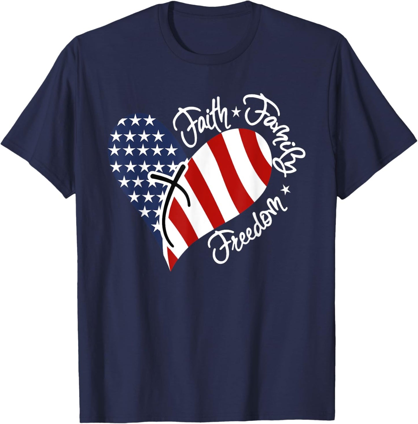 Patriotic Christian Faith Family Freedom Heart American Flag T-Shirt - T-Shirt | Navy