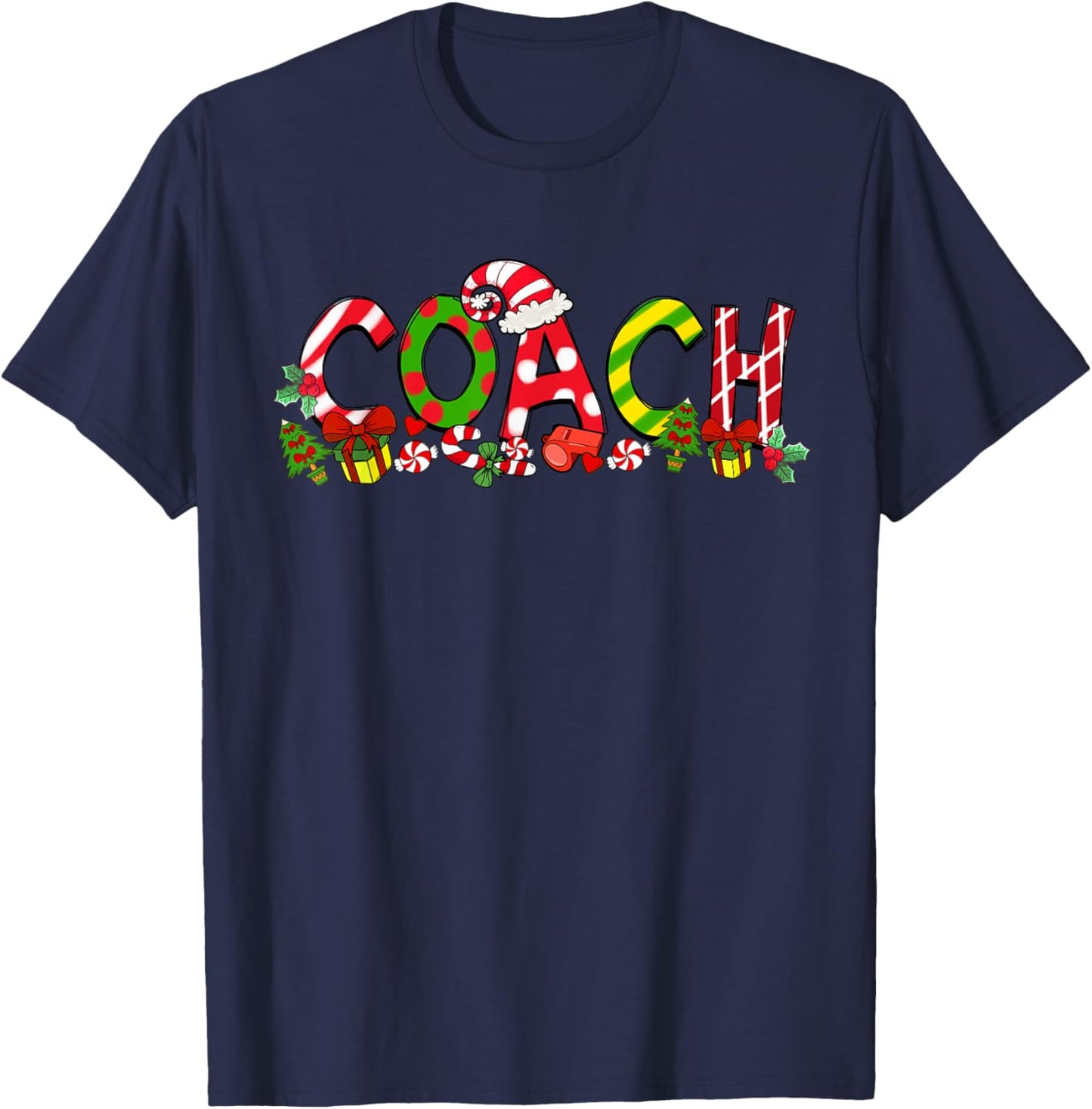 Coach Santa Hat Candy Cane Christmas Funny Xmas Gifts T-Shirt - T-Shirt | Navy