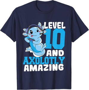 Kids Axolotl Birthday Gaming 10 Year Old Axolotl 10th Birthday T-Shirt - T-Shirt | Navy