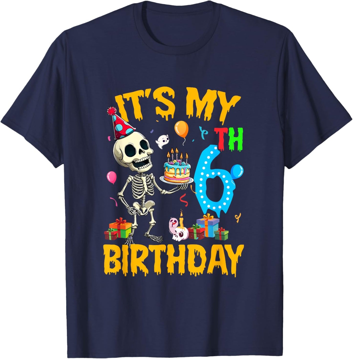 It's My 6Th Birthday Party Halloween Skeleton Birthday Kids T-Shirt - T-Shirt | Navy