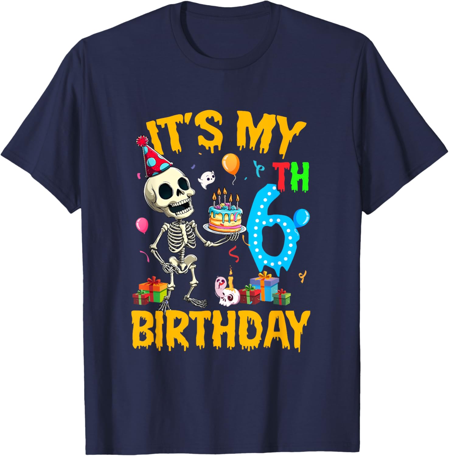 It's My 6Th Birthday Party Halloween Skeleton Birthday Kids T-Shirt - T-Shirt | Navy