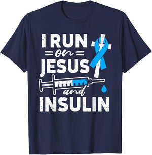 I Run On Jesus And Insulin Diabetic Diabetes Awareness T-Shirt - T-Shirt | Navy