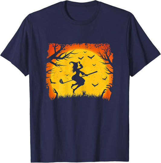 Golf Witch Riding Golf Stick Funny Halloween Golf Player T-Shirt - T-Shirt | Navy