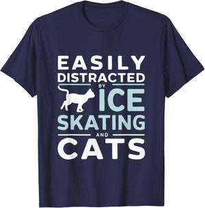 Easily Distracted By Ice Skating And Cats Funny Ice Skater T-Shirt - T-Shirt | Navy