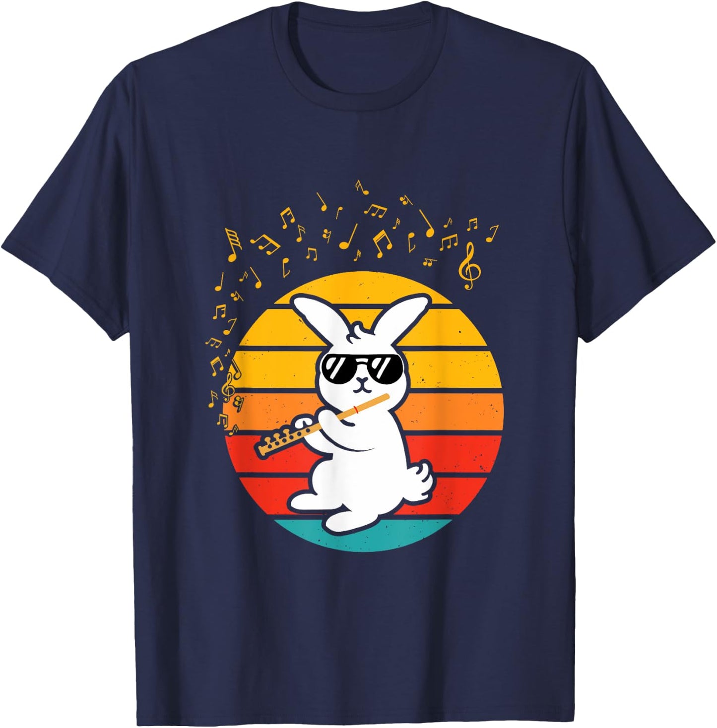 Cool Bunny with Flute - Music Lover Retro Rabbit Flute T-Shirt - T-Shirt | Navy
