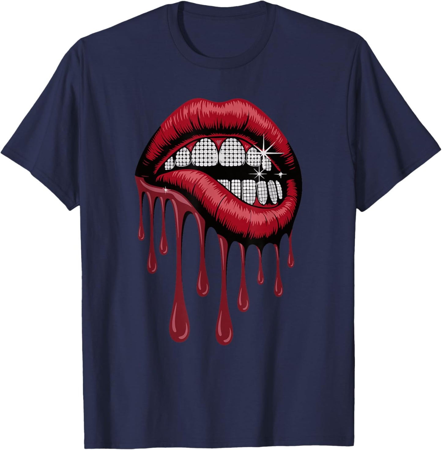 Lip Biting Lips Diamond Grill Teeth Dental Jewelry T-Shirt - T-Shirt | Navy