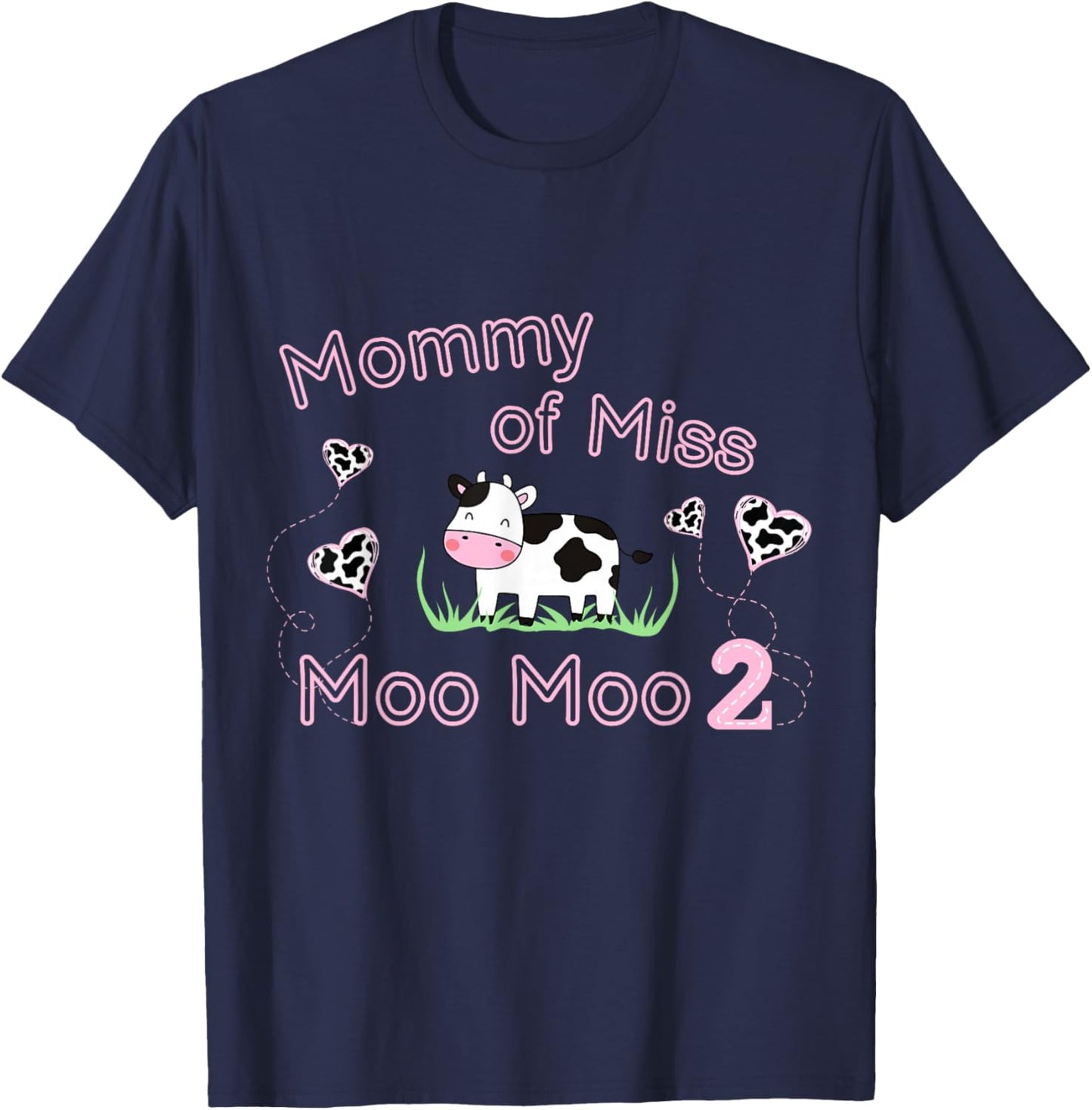 Girl Second Birthday Party Pink Cow Mommy Moo I'm Two Animal T-Shirt - T-Shirt | Navy