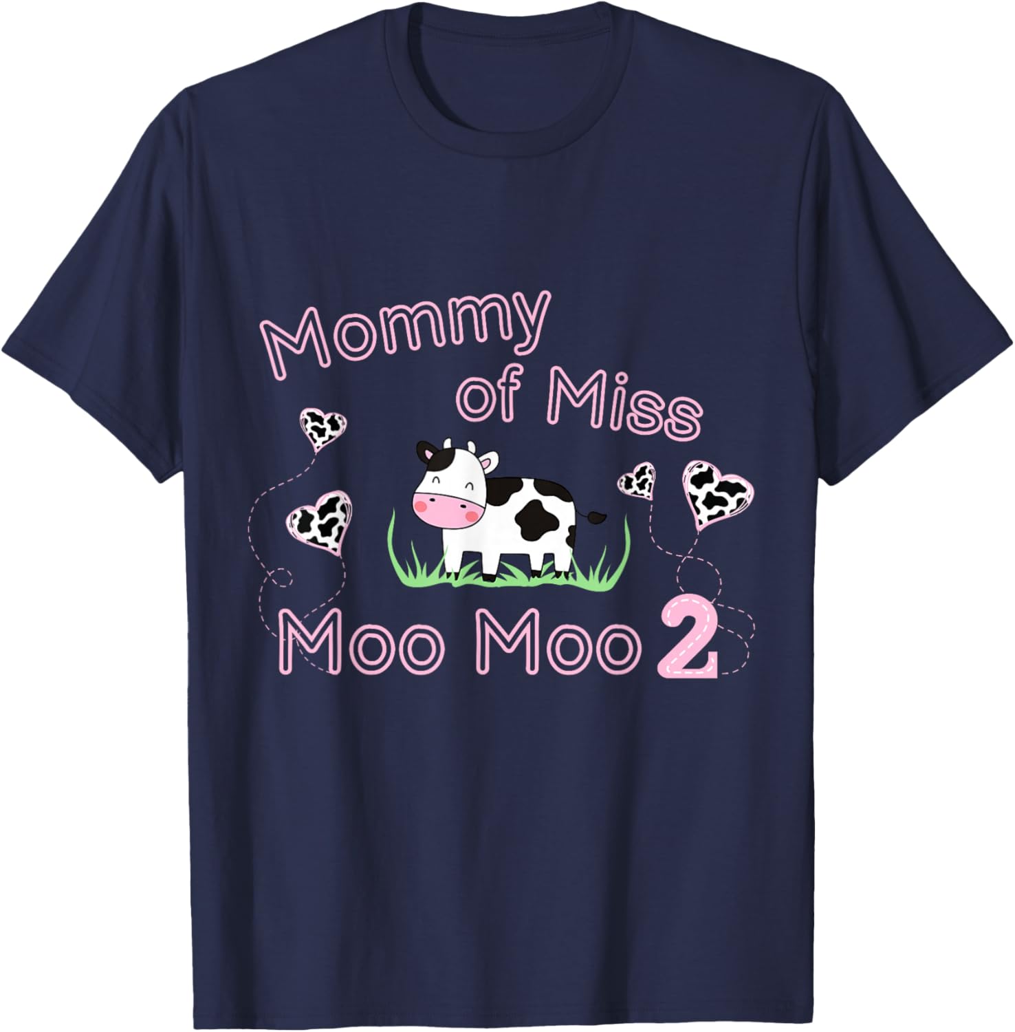 Girl Second Birthday Party Pink Cow Mommy Moo I'm Two Animal T-Shirt - T-Shirt | Navy
