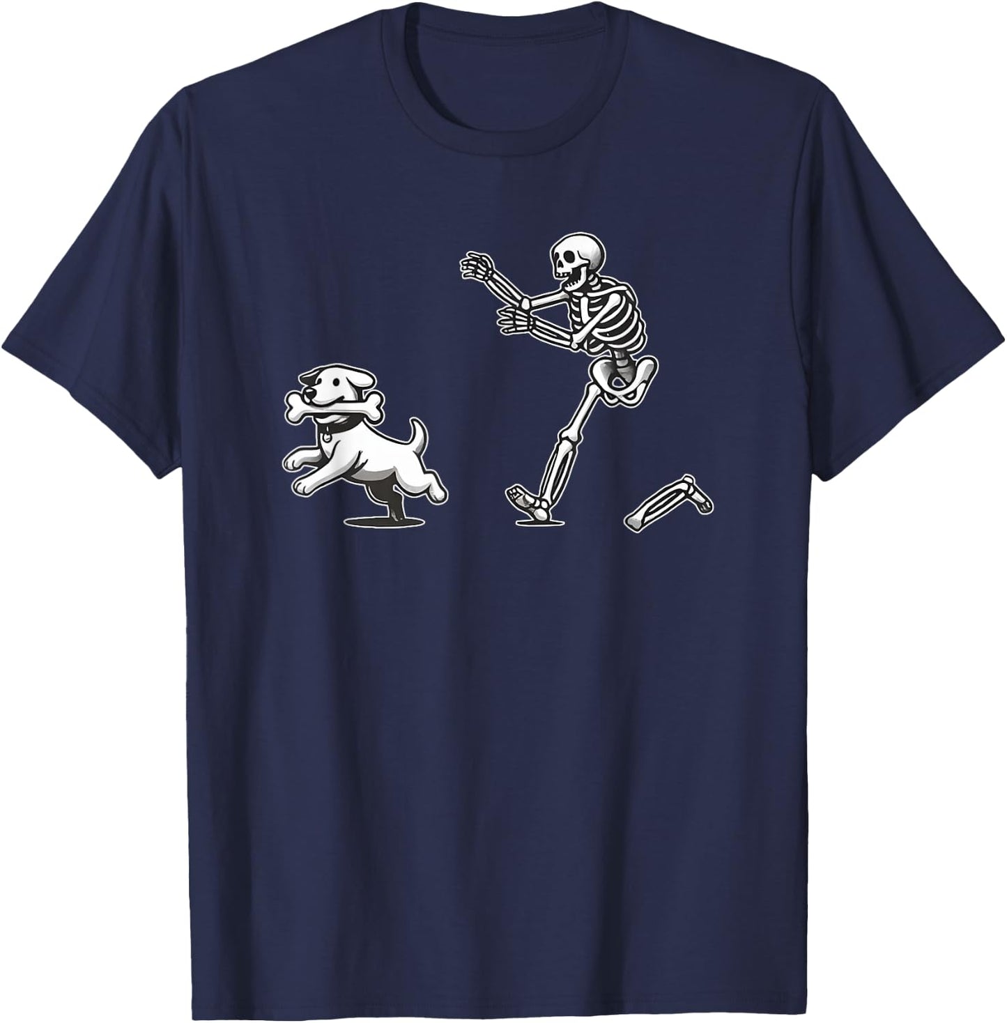 Halloween Dog, Funny Skeleton, Skeleton Chasing Dog Men Women T-Shirt - T-Shirt | Navy
