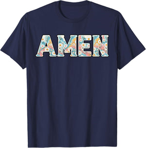 Amen Retro Daisy Flower Jesus Religious Faith Christian T-Shirt - T-Shirt | Navy