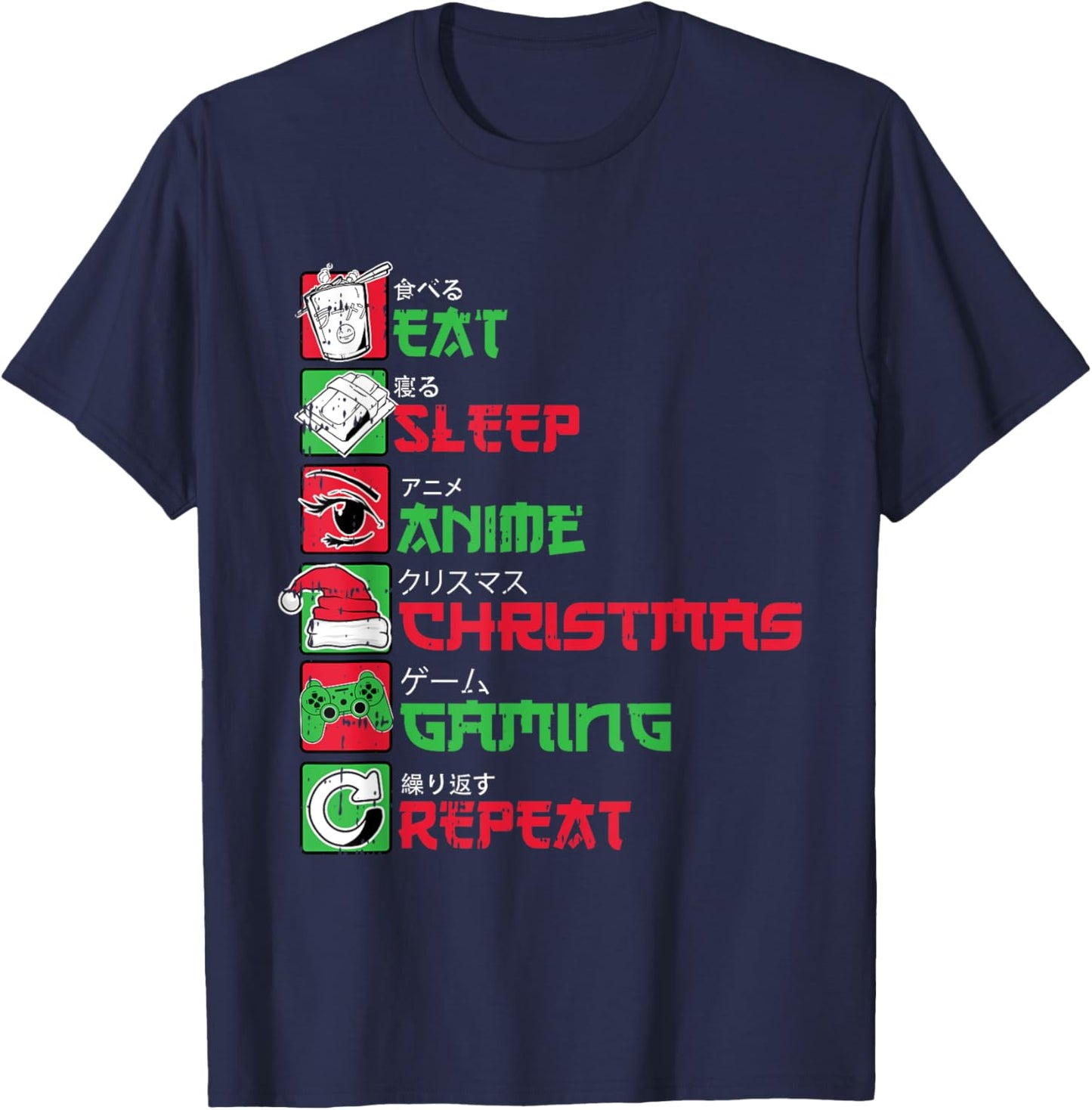 Eat Sleep Anime Gaming Christmas Pajama X-Mas Holiday Gamer T-Shirt - T-Shirt | Navy