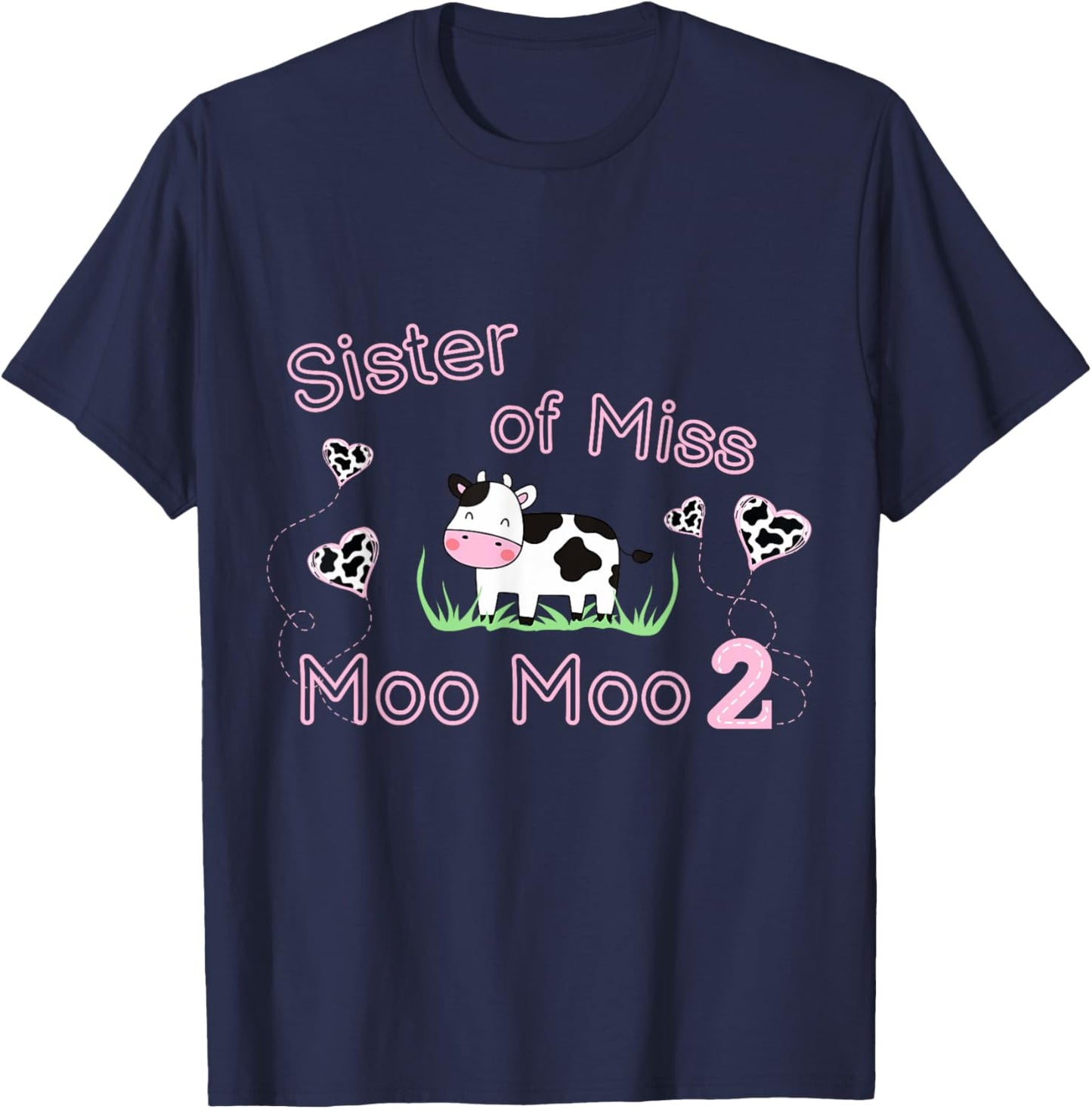 Girl 2nd Birthday Party Pink Cow Sister Moo I'm Two Animal T-Shirt - T-Shirt | Navy