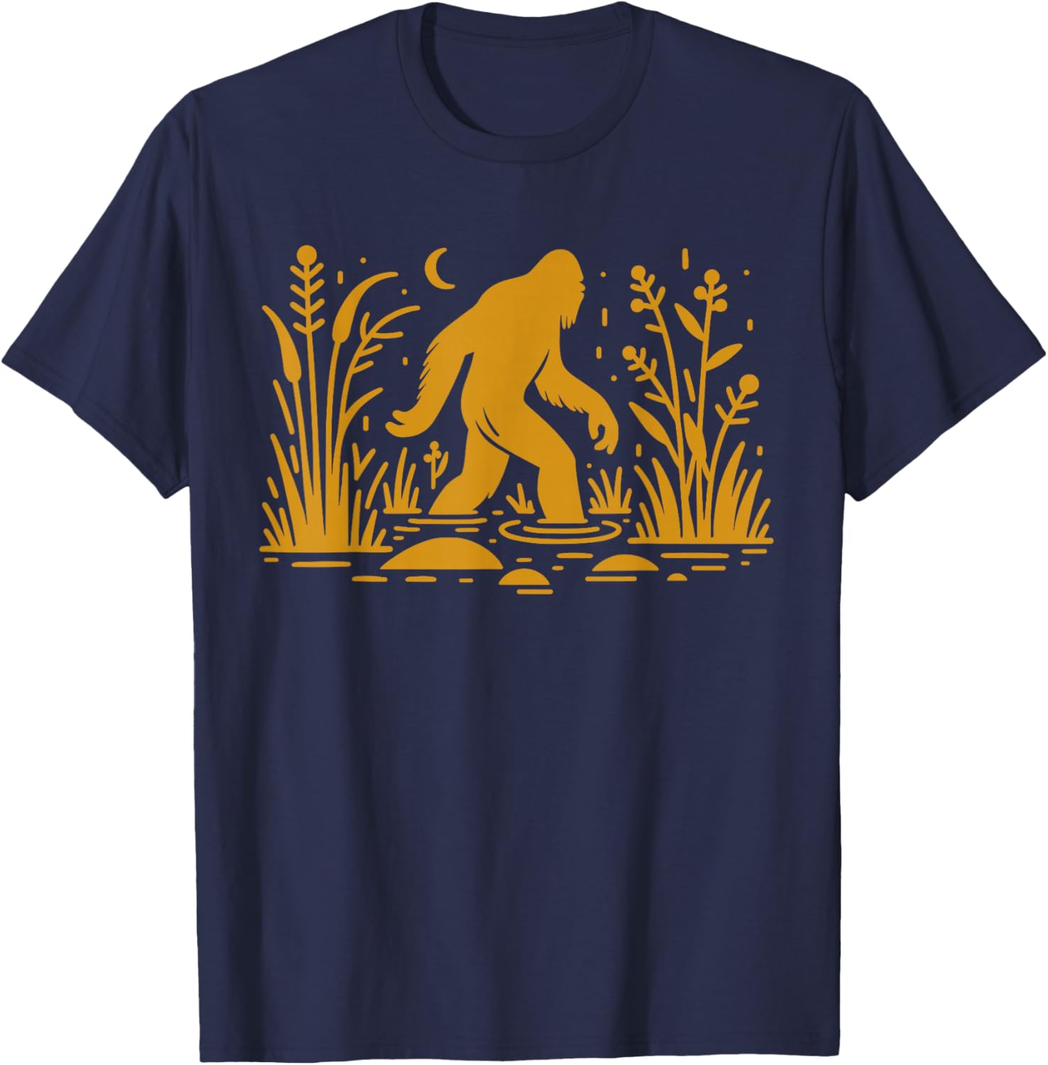 Retro Gold Bigfoot Walking In A Swamp Skunk Ape T-Shirt - T-Shirt | Navy