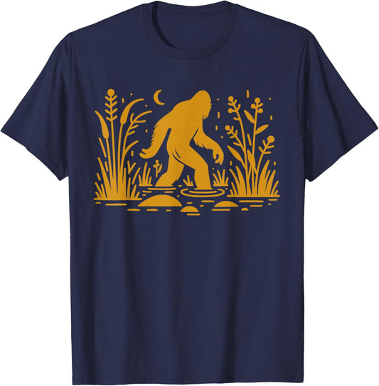 Retro Gold Bigfoot Walking In A Swamp Skunk Ape T-Shirt - T-Shirt | Navy