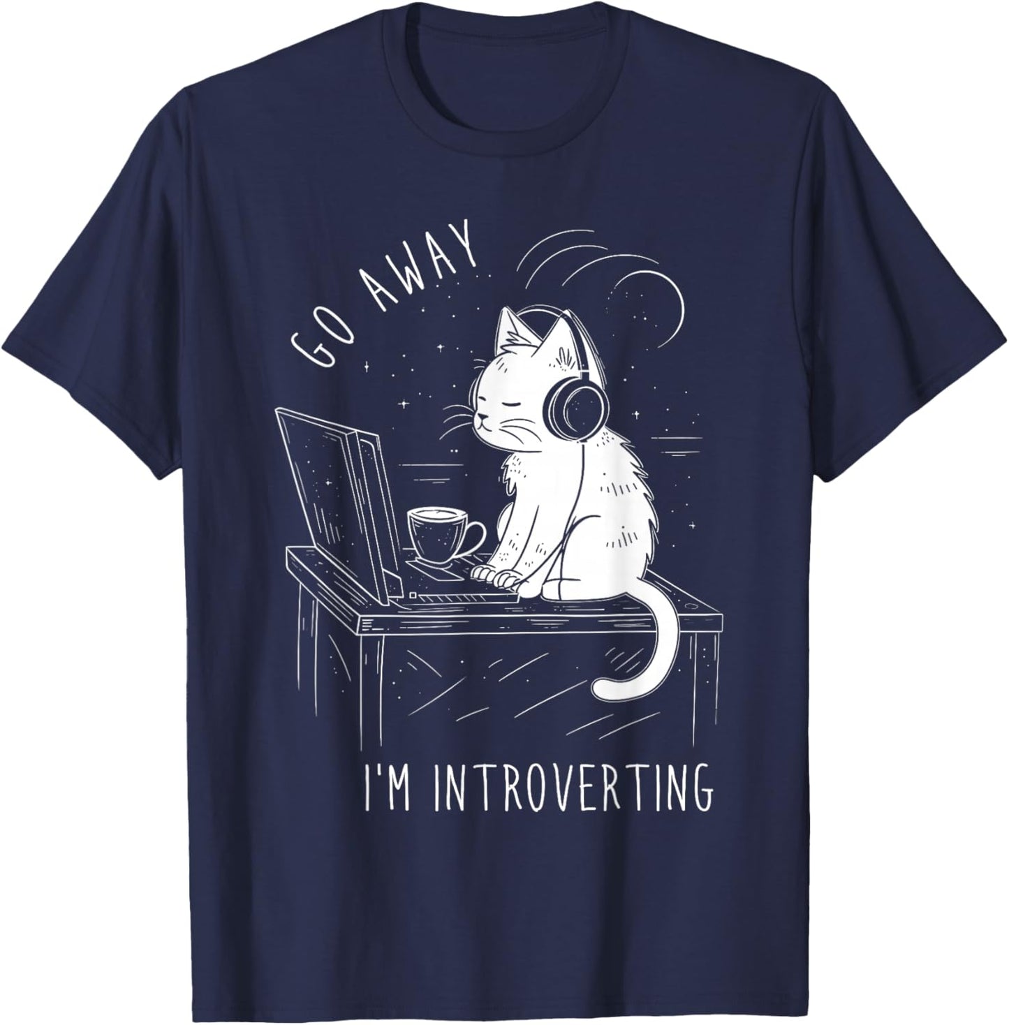 Introvert Cat with Coffee on Computer Antisocial Emo Goth T-Shirt - T-Shirt | Navy