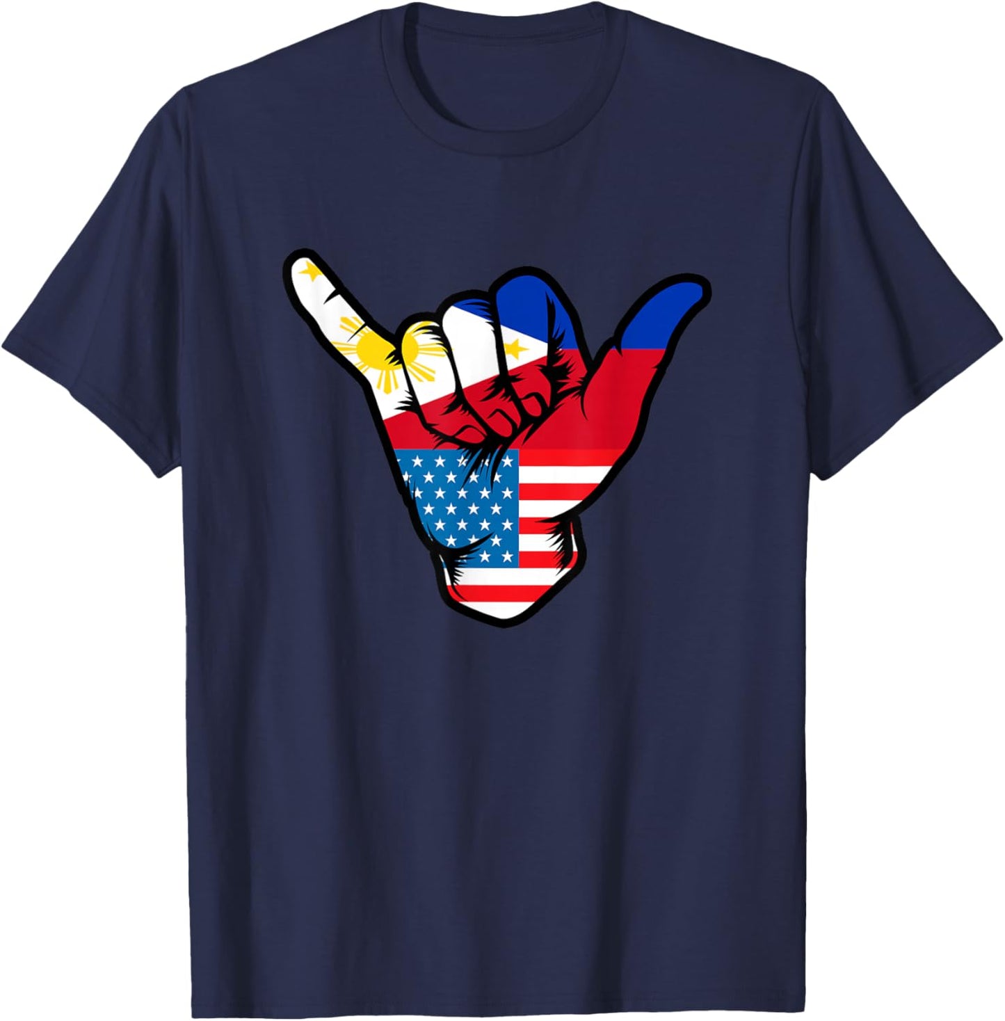 Half Filipino and American Philippines USA Flag Shaka Hand T-Shirt - T-Shirt | Navy
