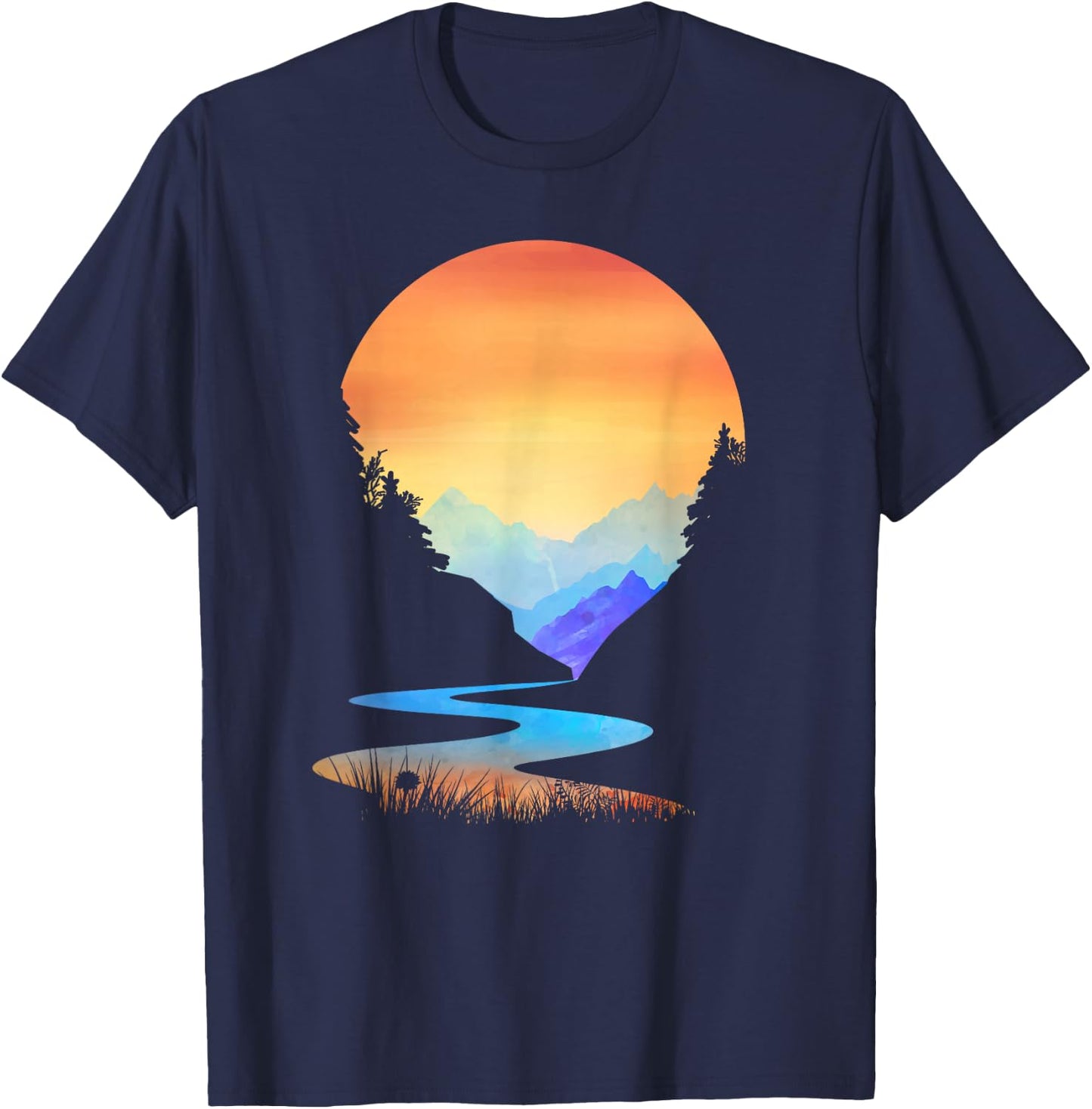 Outdoor Sunset Vintage Style Mountains Sun Nature T-Shirt - T-Shirt | Navy