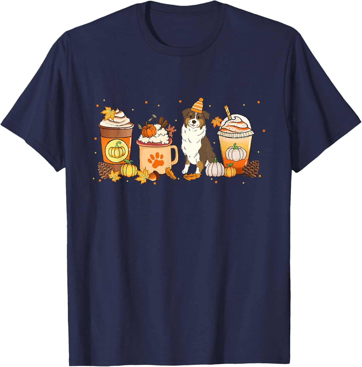 Aussie Coffee Pumpkin Spice Dog Lovers Fall Thanksgiving T-Shirt - T-Shirt | Navy
