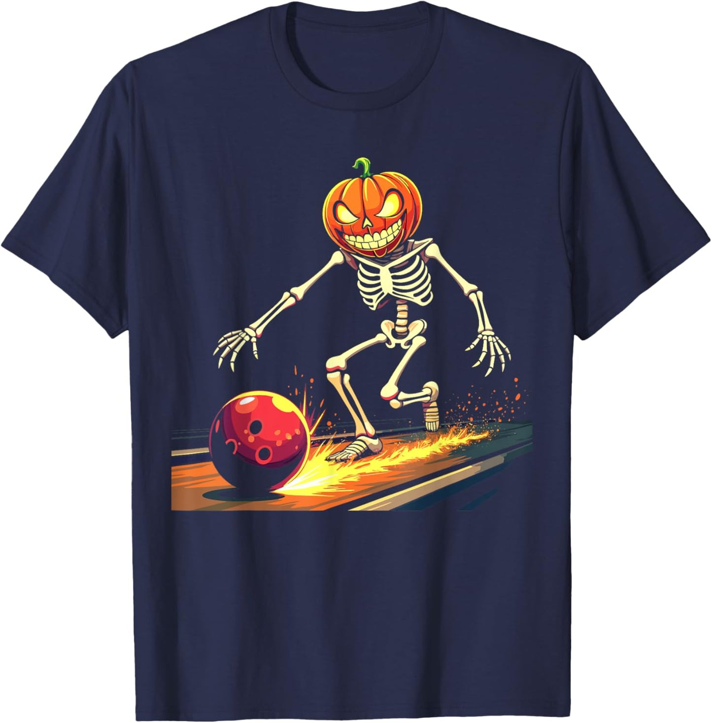 Pumpkin Head Skeleton Bowling Halloween Spooky Sports T-Shirt - T-Shirt | Navy