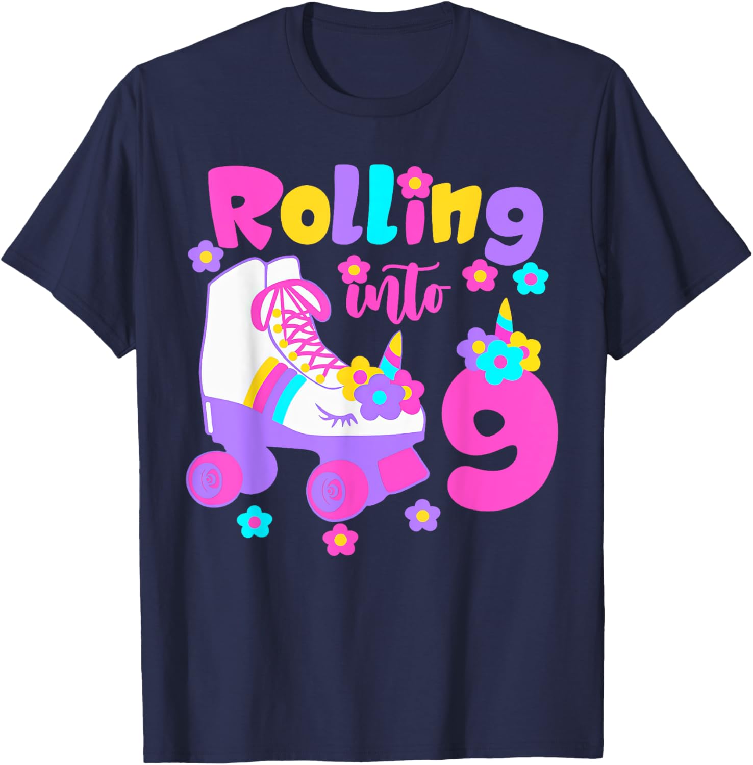 Rolling Into 9 Years Old Roller Skating Girl 9th Birthday T-Shirt - T-Shirt | Navy