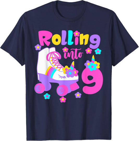 Rolling Into 9 Years Old Roller Skating Girl 9th Birthday T-Shirt - T-Shirt | Navy