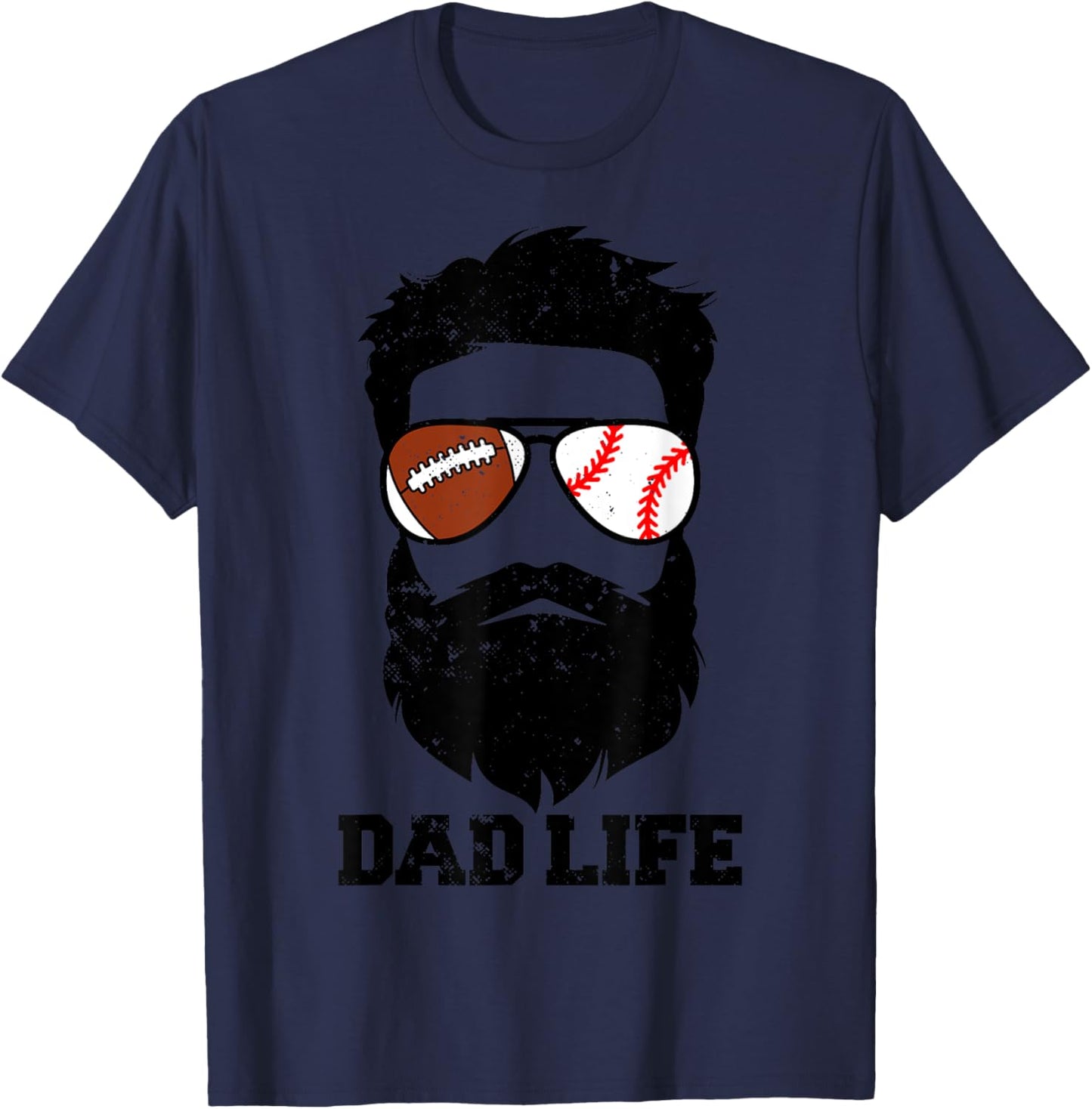 Football Baseball Dad Messy Hair Beard Football Baseball Dad T-Shirt - T-Shirt | Navy