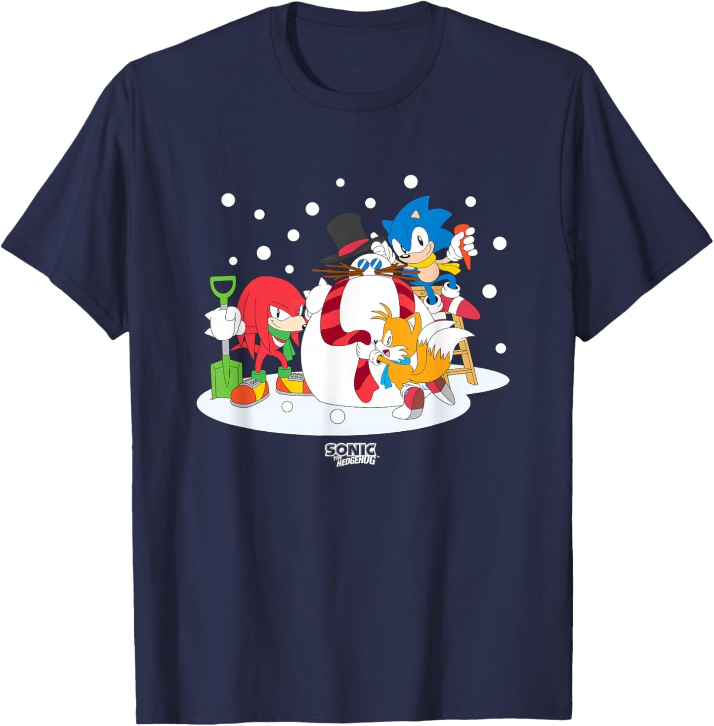 Sonic The Hedgehog Christmas Team Sonic Building Snowman T-Shirt - T-Shirt | Navy
