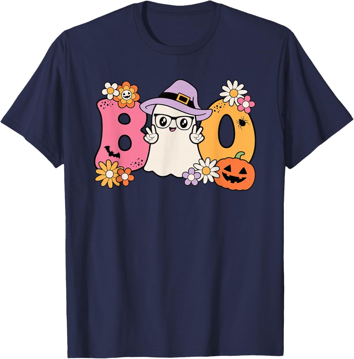 Groovy Boo Halloween Costume Ghost Pumpkin Women Girls Kids T-Shirt - T-Shirt | Navy